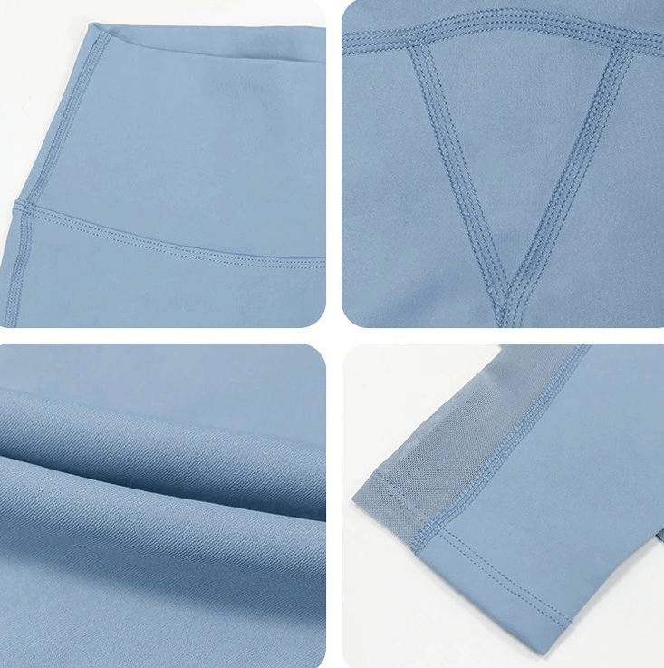 Close-up of blue sporty seamless women's leggings showcasing high waist and ankle design details.